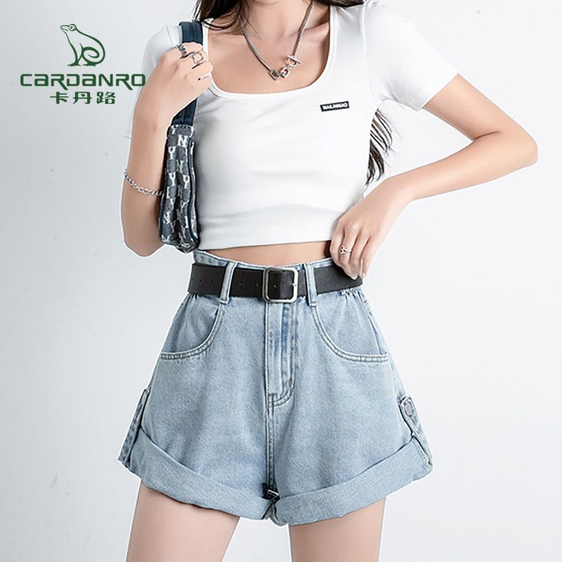 卡丹路高腰卷边牛仔裤短裤女夏新款时尚宽松显瘦a字阔腿热裤ins潮