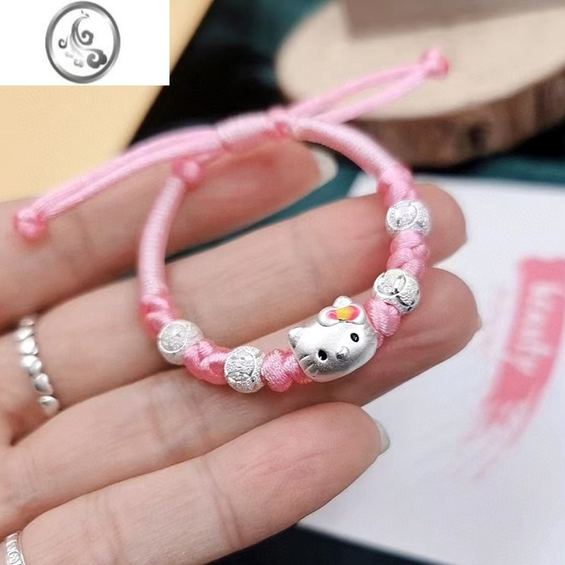 JiMi999宝宝银银手链女公主小猫咪圆珠红绳手工编织足银卡通儿童礼物