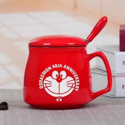 多啦A梦陶瓷水杯马克杯带盖勺创意卡通可爱叮当猫史努比杯子雕刻 红色叮当猫雕刻 单杯特价(无盖勺泡沫简装)