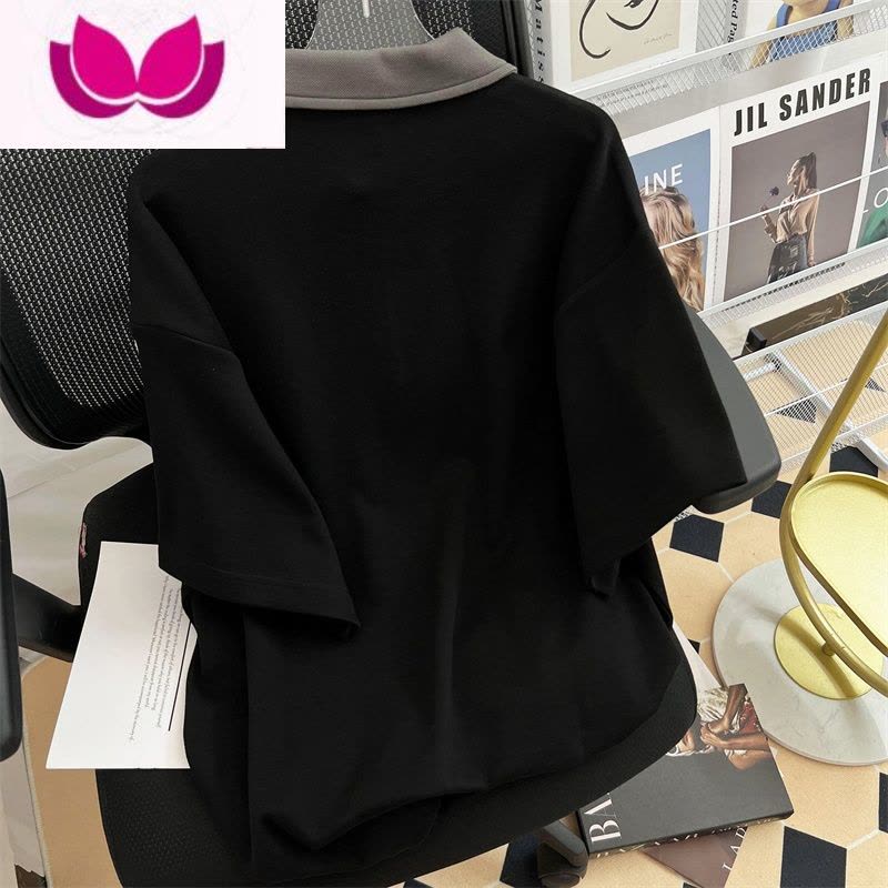 七斓国潮ins港风复古撞色拉链短袖t恤男女夏季宽松街头美式polo衫上衣图片