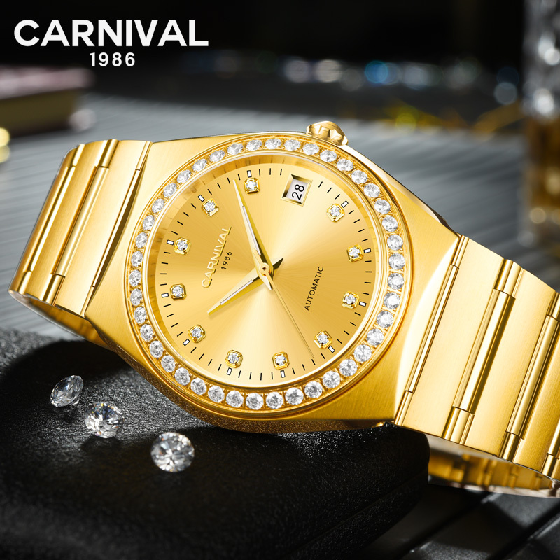 嘉年华Carnival时尚水钻手表 男士全自动机械表 男表进口Miyota机芯复古金色表商务腕表轻奢8581G高清大图