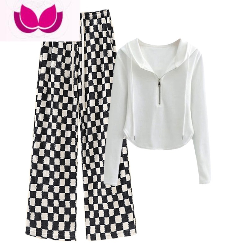 七斓炸街时尚套装女春季新款辣妹气质连帽卫衣显瘦高腰拖地休闲阔腿裤高清大图