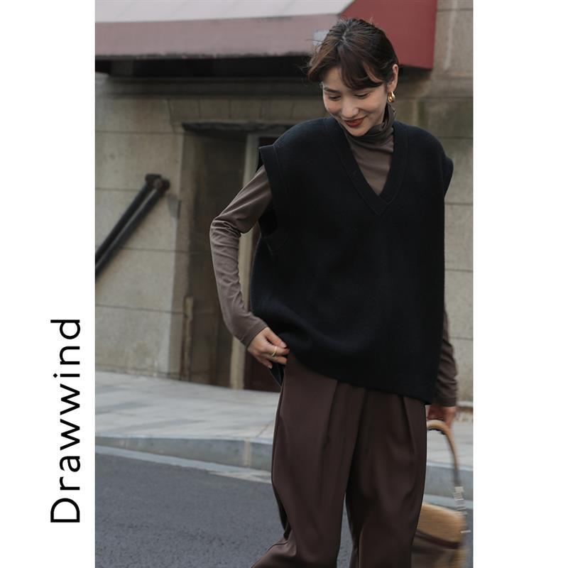 画风马甲背心外套女v领宽松百搭外穿纯色竖纹针织马夹女