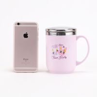 304不锈钢马克杯 带盖勺 咖啡杯办公室水杯 创意儿童茶杯情侣杯子 粉红色(350ML)萌兔图案