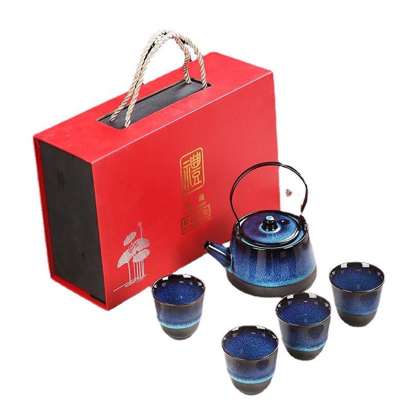 华普思德化陶瓷功夫茶具套装茶壶茶杯礼盒装商务会议家用活动年会伴随礼 蓝色提梁壶套装高清大图