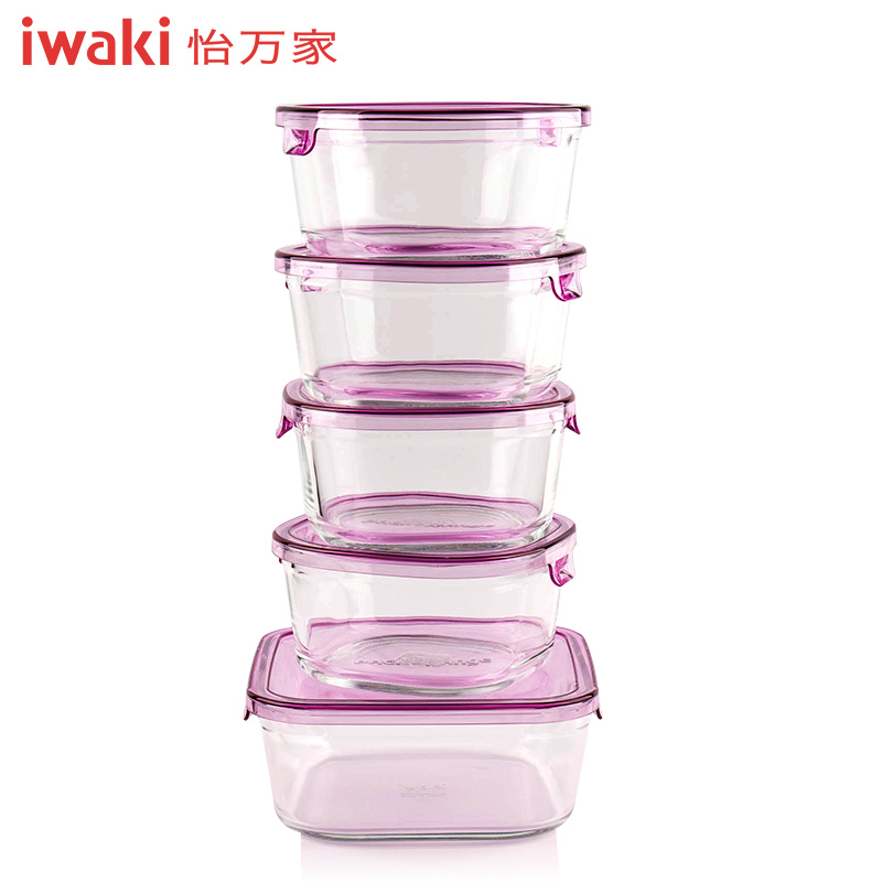 [百年品牌精致生活,高端耐热玻璃保鲜盒]CAPRN-5V1C怡万家iwaki耐热玻璃PACK&RANGE保鲜盒马卡龙5件