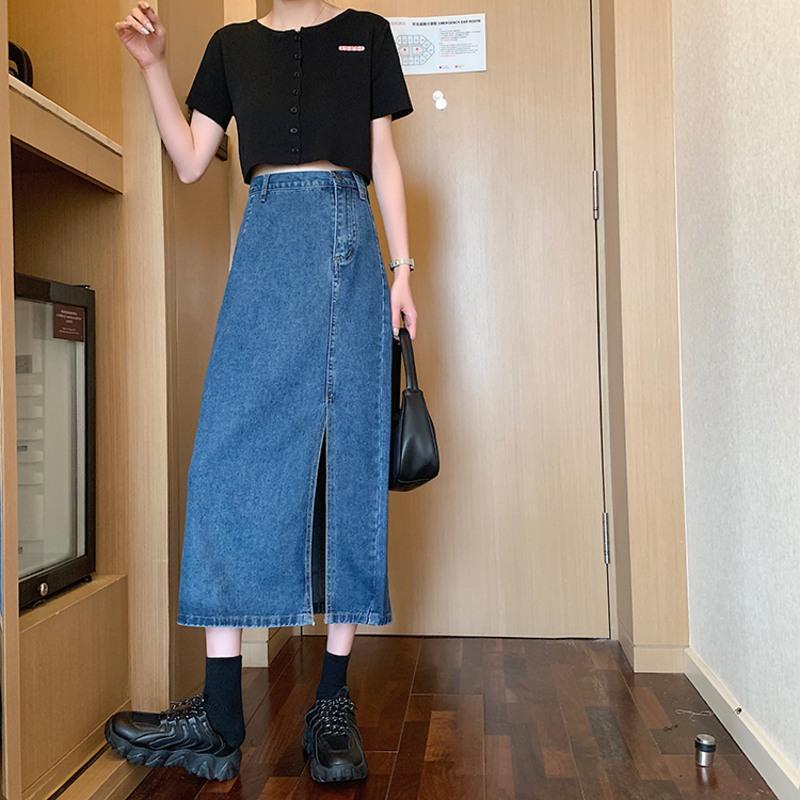 伊努特开叉牛仔半身裙女中长款2021春秋季大码胖mm包臀直筒高腰a字裙子