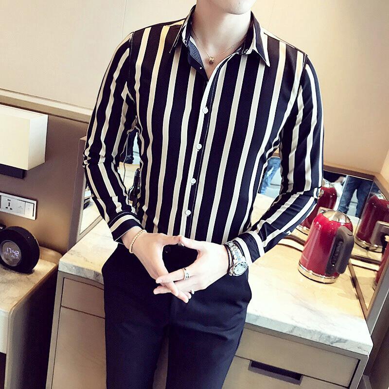 个潮男条纹衬衫衣型师衬衣男长袖修身韩版百搭帅气