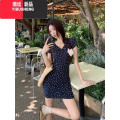 YIBUSHENG冰岛甜茶~复古蓝色碎花V领连衣裙女季辣妹修身包臀包连古 L 短款