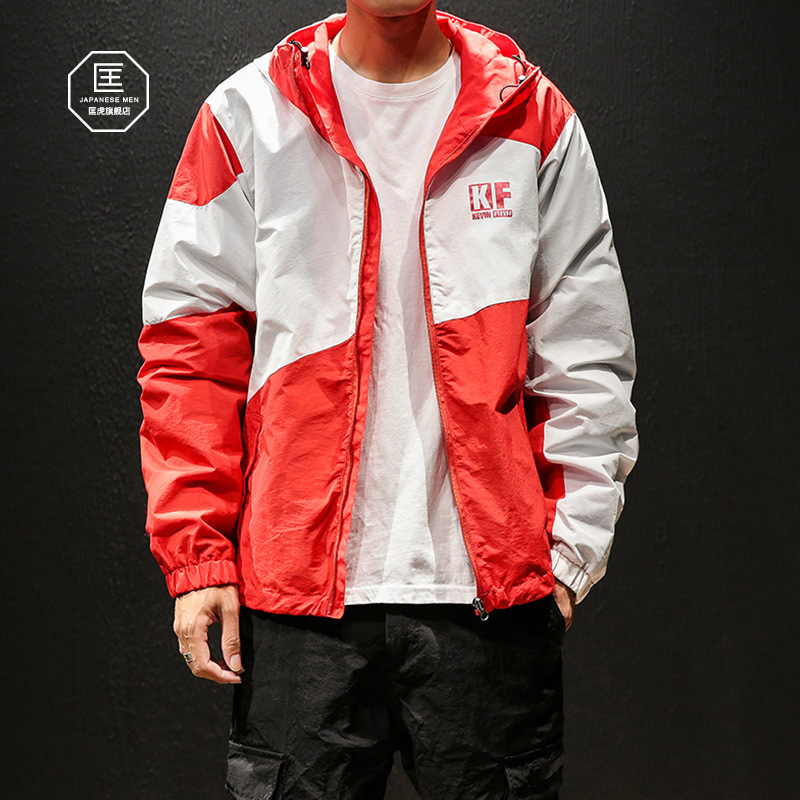 yuansu春季日系印花拼色运动夹克男加肥大码韩版潮流潮牌嘻哈外套夹克