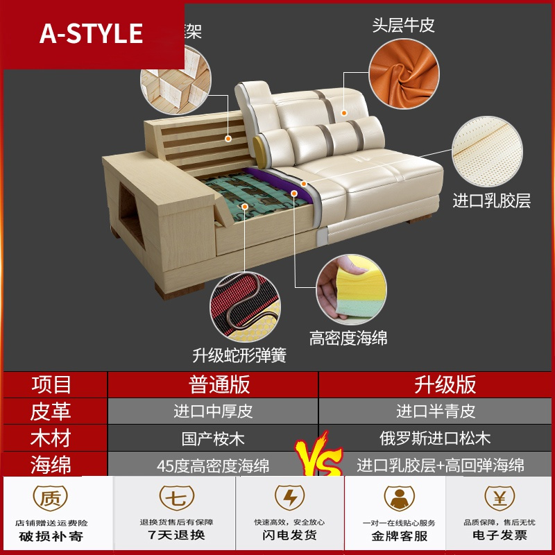 苏宁放心购头层牛皮真皮沙发简约现代大小户型组合皮艺沙发整装客厅皮沙发A-STYLE家具