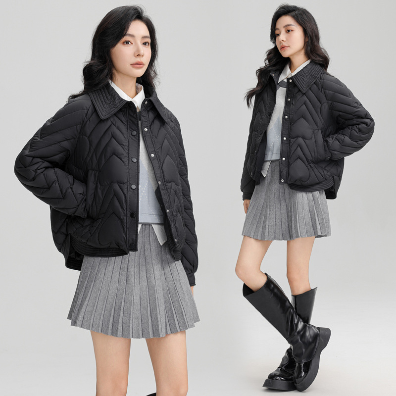 2024加厚新款翻领短款棉服外套女加厚小香风衬衫领宽松百搭棉衣女 黑色 XXL