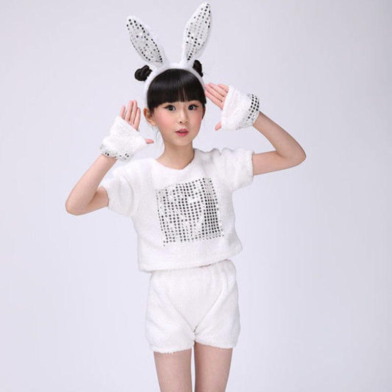 小白兔动物演出服装 幼儿粉兔舞蹈表演服装 儿童小兔子卡通造型服 白色 短款发卡 100