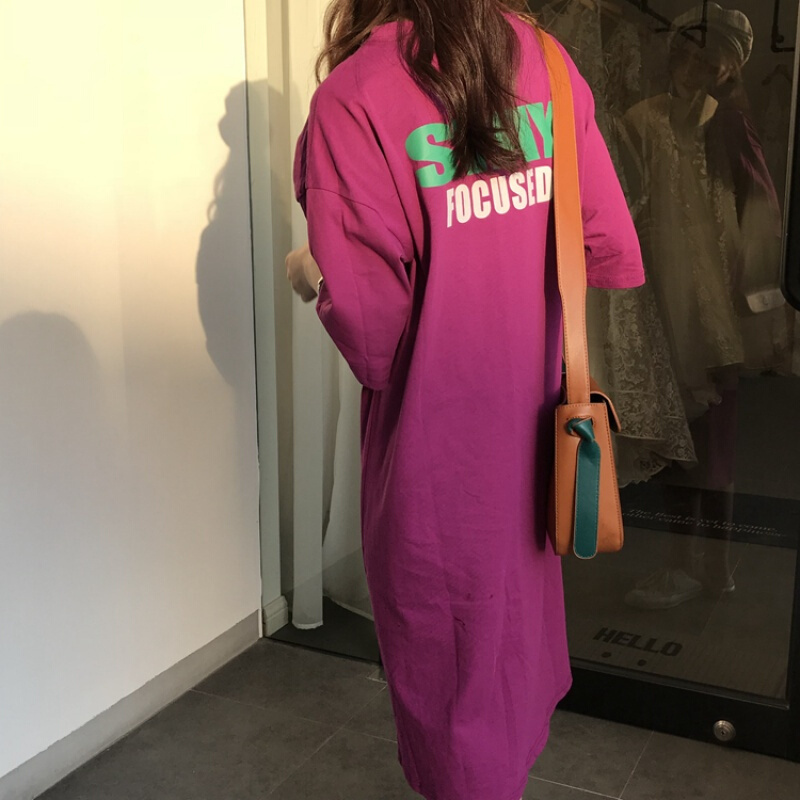 韩国2018夏季时尚印花字母宽松连衣裙女夏中长款白色均码