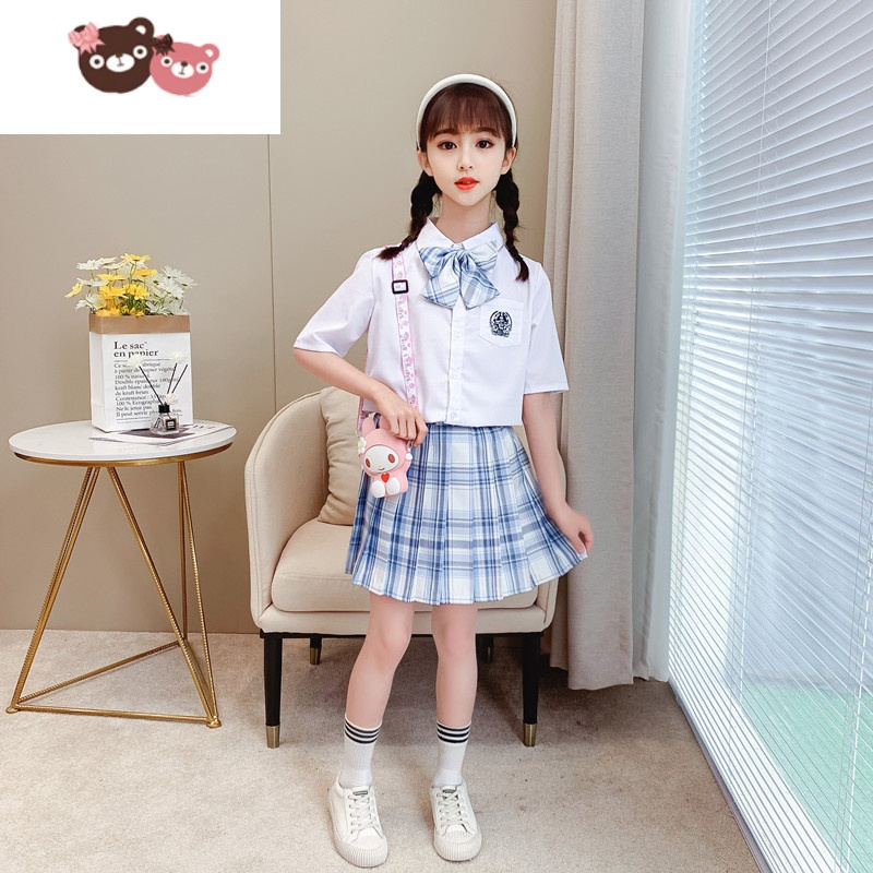 绿彩虹光夏季儿童jk裙制服女童半身裙夏套装短裙夏装裙子格裙小学生
