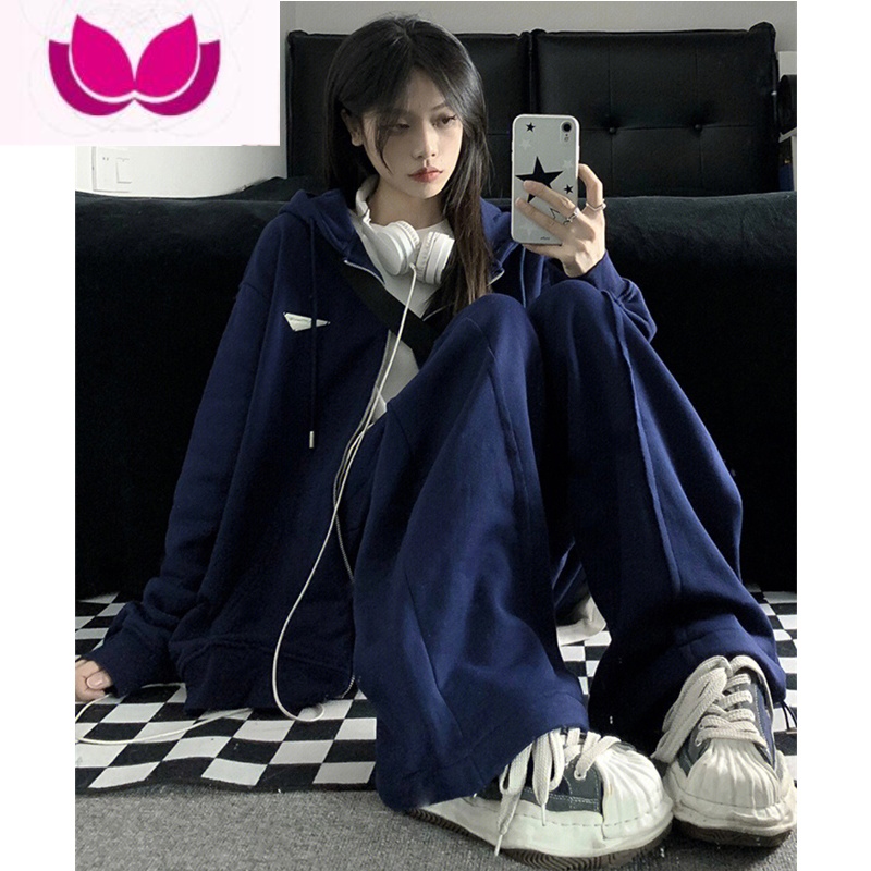 七斓网红炸街运动套装女春季学生韩版卫衣宽松显瘦时尚休闲套跑装 XXL建议126-150斤 蓝色棉质两件套