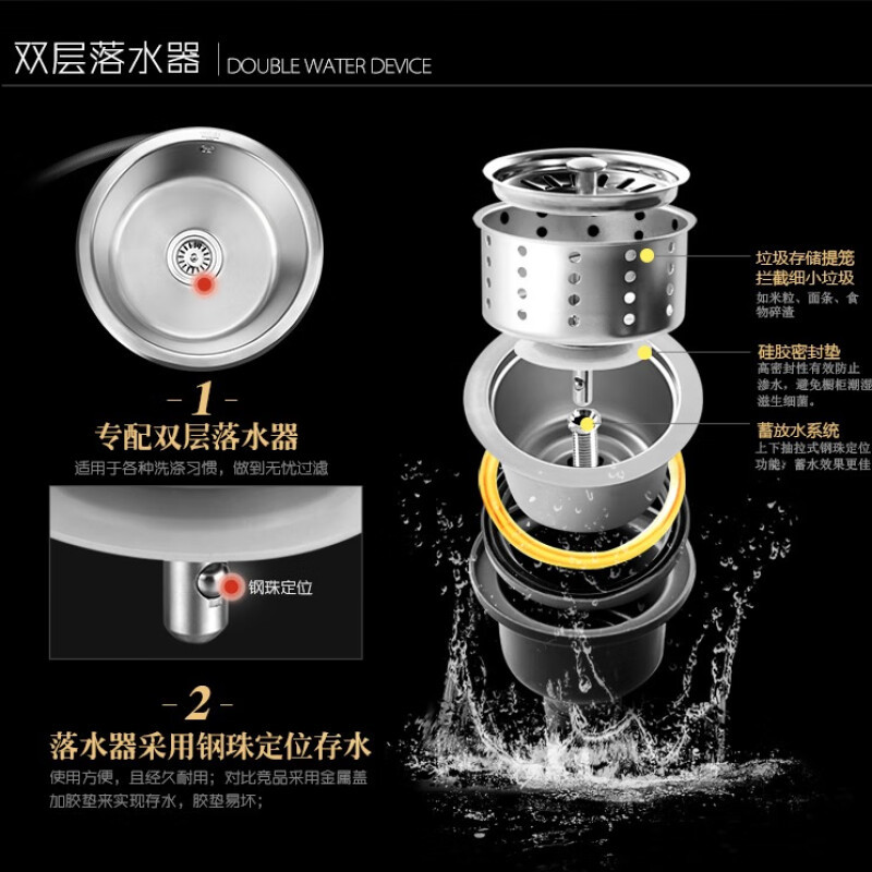欧琳水槽309吧台岛台水槽单槽圆形SUS304不锈钢加深厨房洗菜盆台下盆430mm*430mm