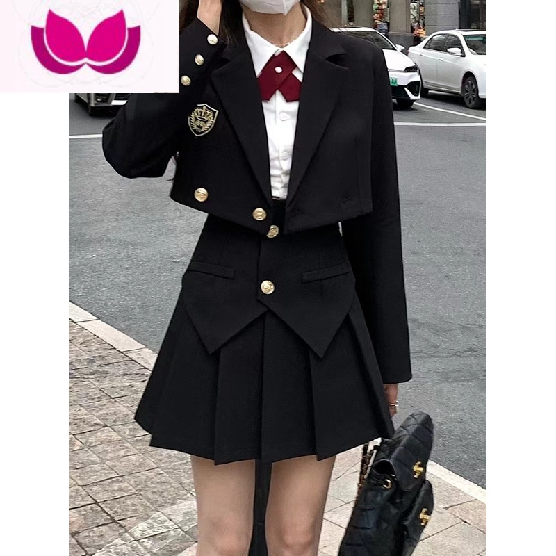 七斓英伦学院风套装女JK制服秋季显高减龄辣妹学生小西装百褶裙三件套 XL 黑色外套+裙子+衬衫3件套送领结