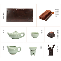 金镶玉 功夫茶具套装 实木茶盘茶具 紫砂茶宠茶壶茶海茶台黑檀整版 财源西施