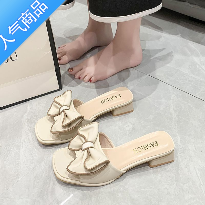 suntek粗跟凉拖鞋女2023年夏季新款蝴蝶结中跟凉鞋百搭外穿仙女风一字