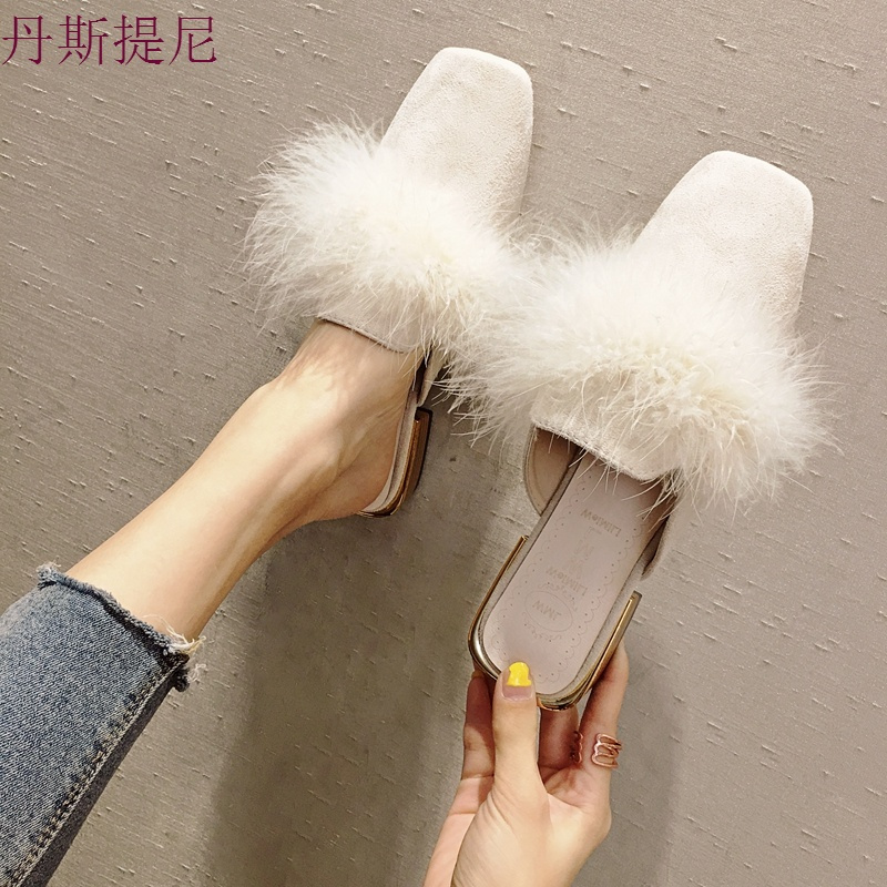 包头半拖鞋女秋外穿2018新款百搭方头粗跟凉拖时尚社会毛毛穆勒鞋