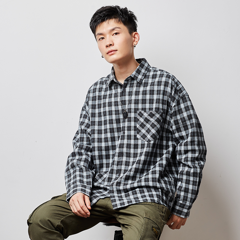 1件1折价399元唐狮格子衬衫男长袖韩版潮流帅气格子衫休闲百搭宽松