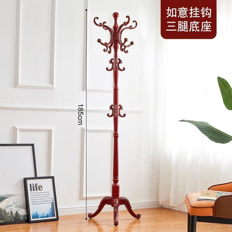 汐岩实木衣帽架落地卧室挂衣架包架单杆式家用室内挂衣服的架子收纳架 三腿-酒红色6011个