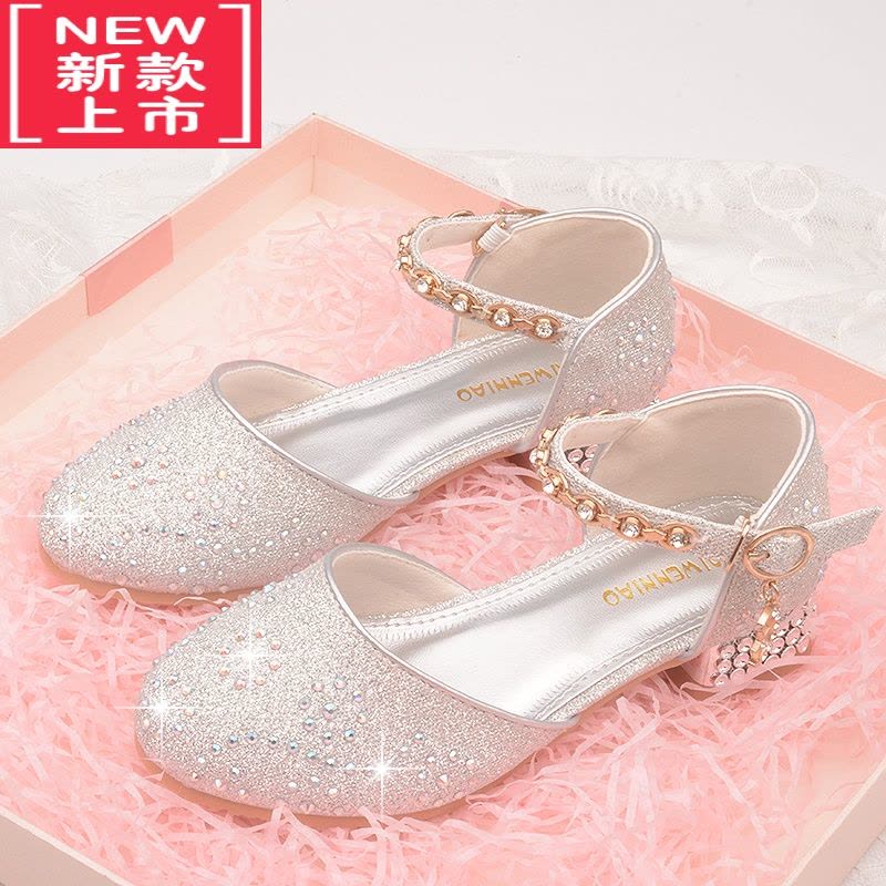 可莉允女童高跟鞋公主儿童包头凉鞋宝石皮鞋配纱裙白色软底小孩子水晶鞋运动休闲鞋图片