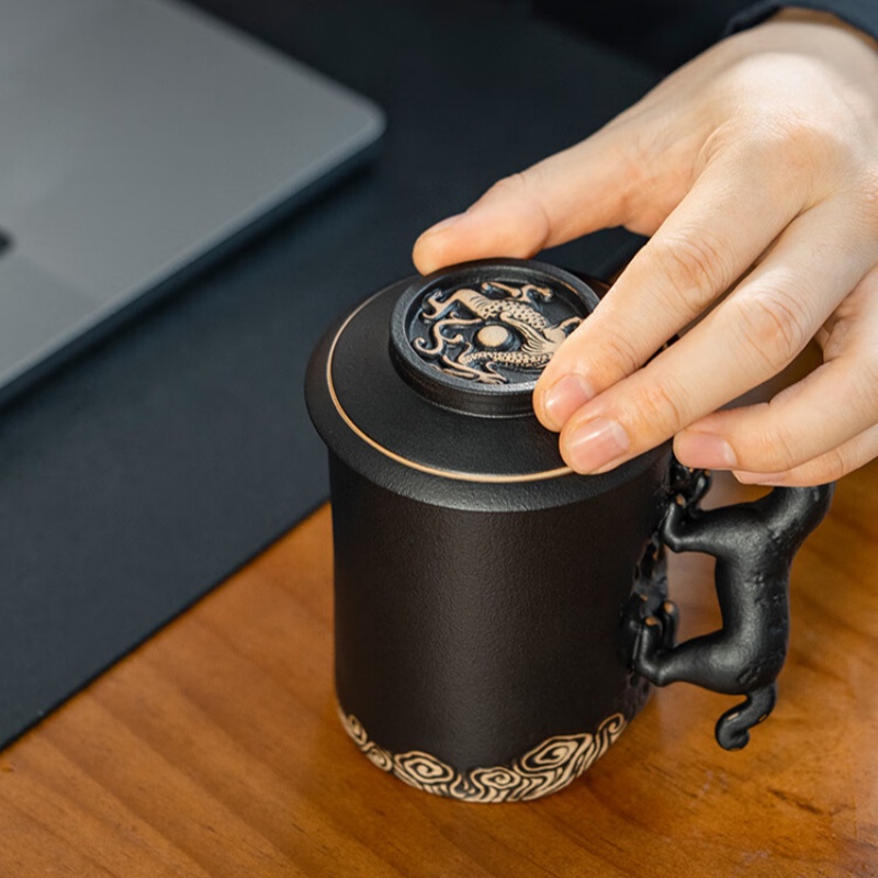 万仟堂高档办公杯 陶瓷杯男士水杯 杜虎杯黑铁釉300cc高清大图