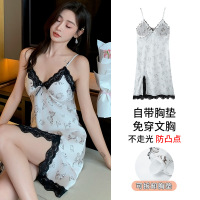吊带睡衣女夏冰丝纯欲性感睡裙女款带胸垫吊带裙薄款袖家居裙子 L【建议身高160-165cm体重100-120斤】 11952