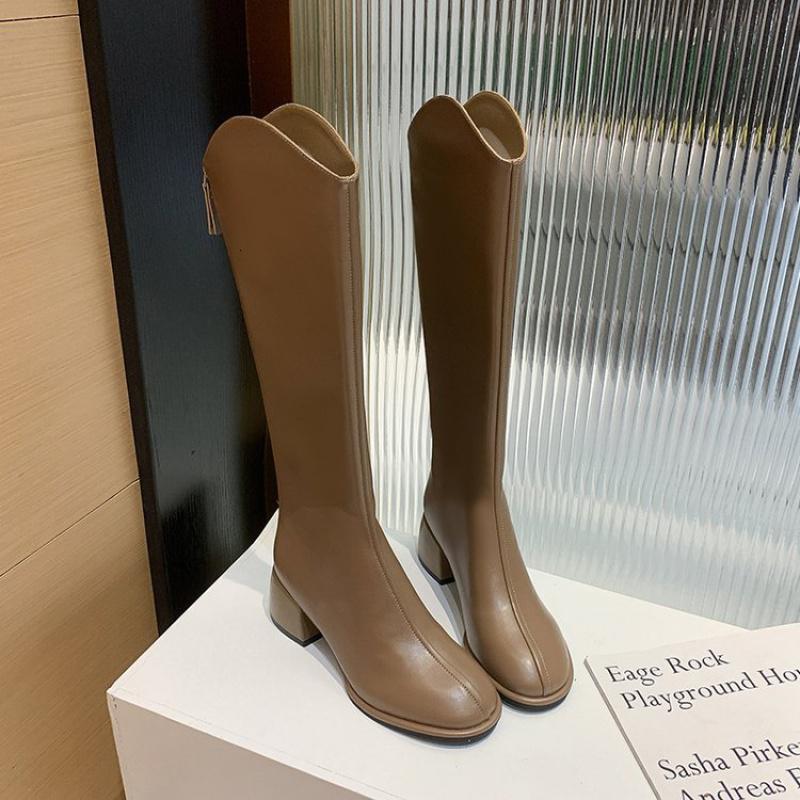 戈佳妮不过膝骑士靴女2023秋冬新款弹力靴显瘦长靴棕色粗跟小个子长筒靴