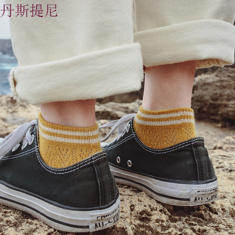 三双装学院风纯棉短袜女日系二杠条纹船袜镂空透气简约袜子女春夏