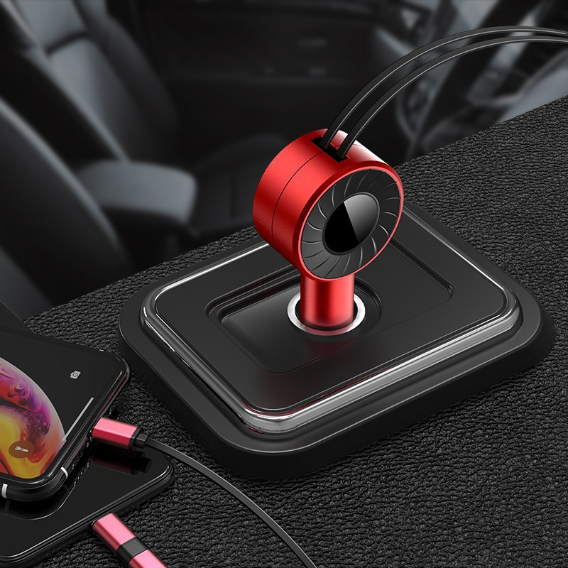 汽车用手机车载快速充电器自带伸缩线qc30快充一拖三转换头闪充三合一