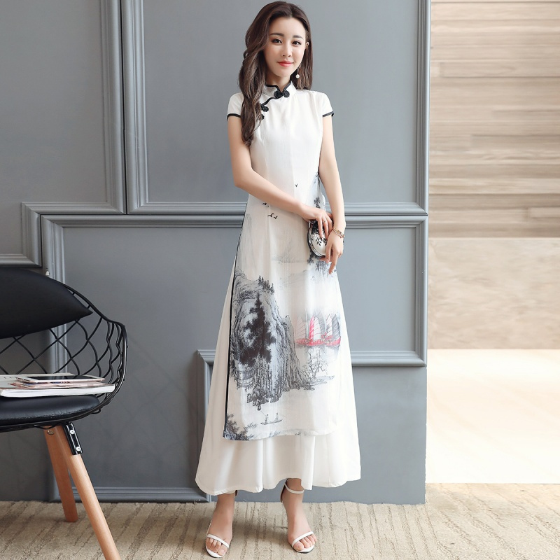 女士春夏新品女装时尚连衣裙中腰显瘦短袖中长款修身印花甜美长裙