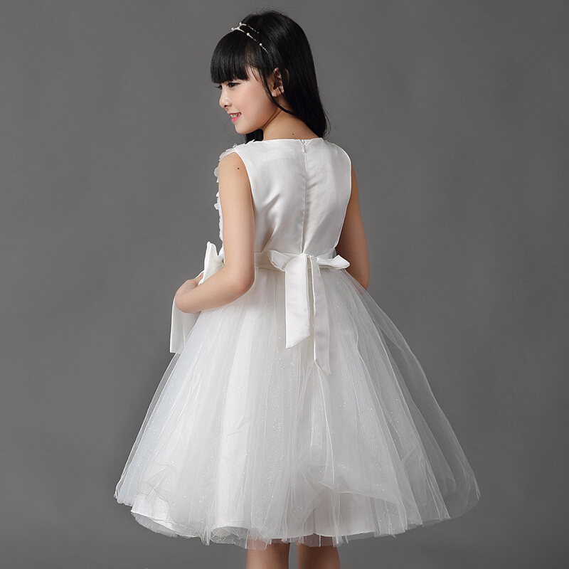 童装春装女童连衣裙儿童公主春秋款演出礼服蓬蓬白色婚纱裙子大童