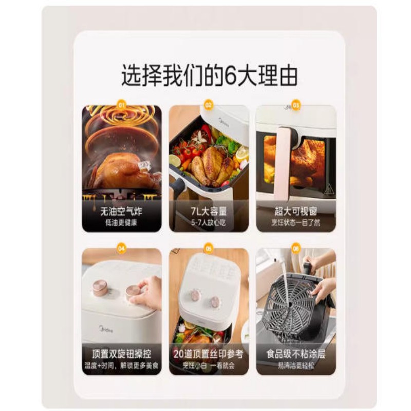 美的空气炸锅家用透明可视窗免翻面7升大容量烧烤箱整鸡KZE7001高清大图