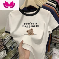 七斓插肩短袖夏季新款拼接撞色t恤女宽松小众设计感洋气上衣ins衣 M99-110斤 黑色-英文小熊