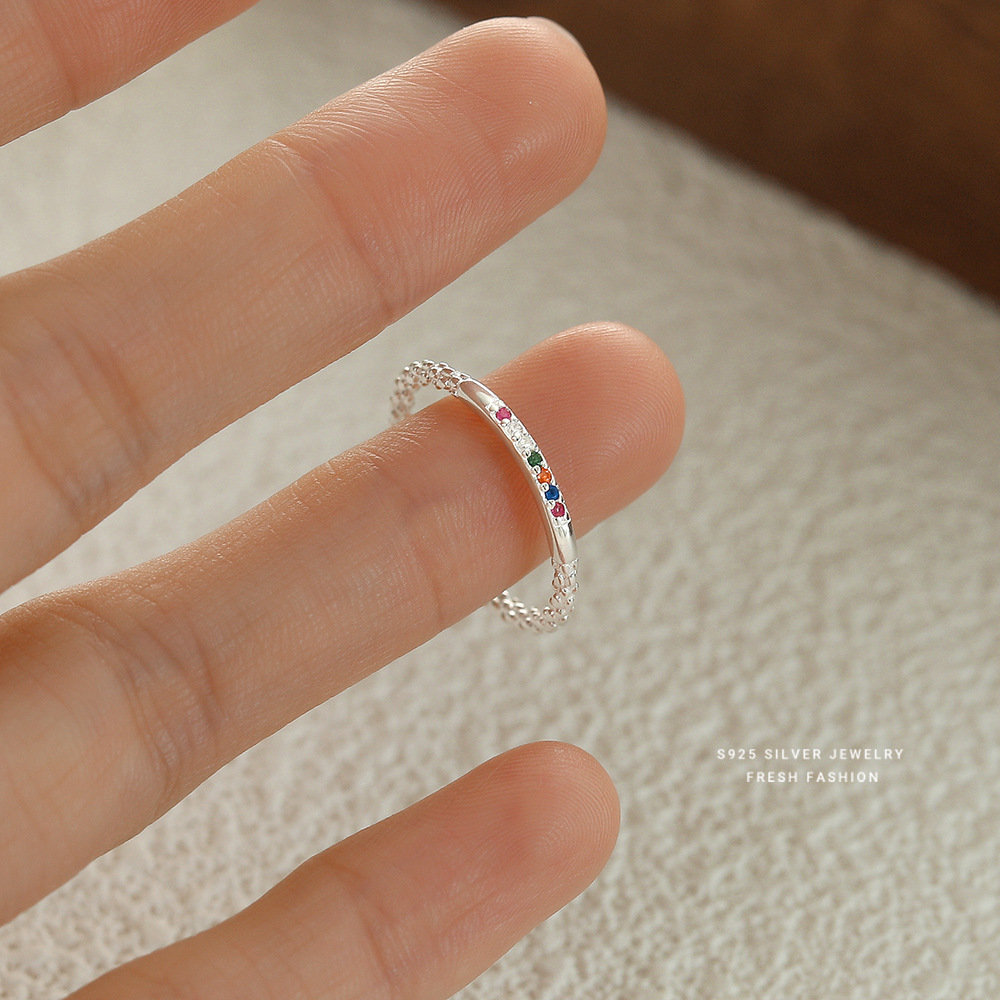 轻奢闪钻彩色锆石戒指女s925纯银韩版开口可调节时尚小众设计手饰送女朋友老婆情人节七夕生日礼物