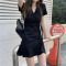 黑色V领连衣裙女夏季2021新款甜辣妹设计感小个子气质修身短裙子_黑色_均码