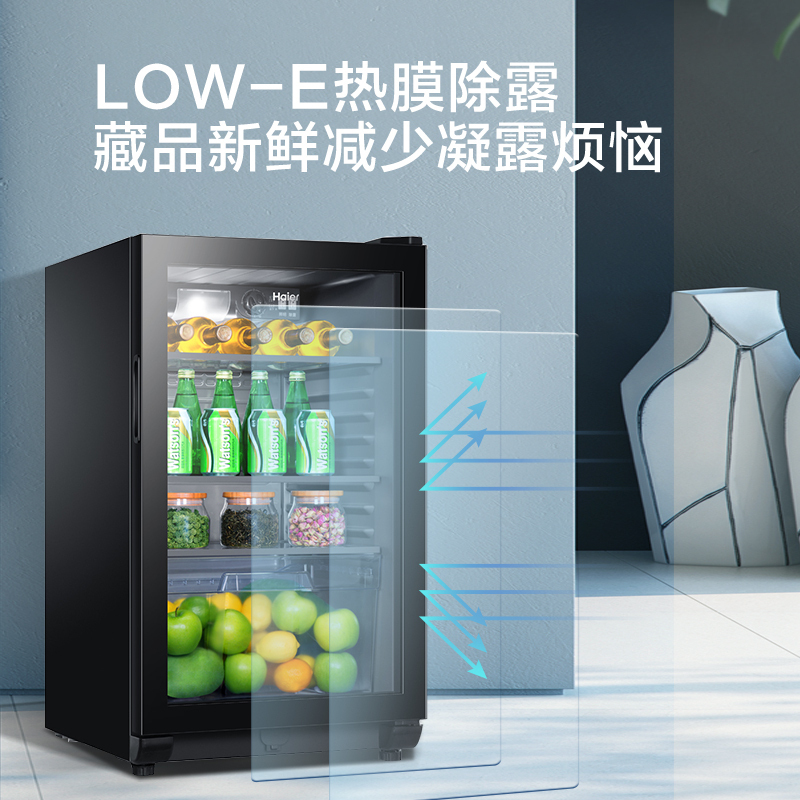 海尔(Haier)100升 冰吧酒柜家用冷藏冰箱客厅办公室冰柜冷柜 梯度温区 分区存储 LOW-E热膜除露DS0100A