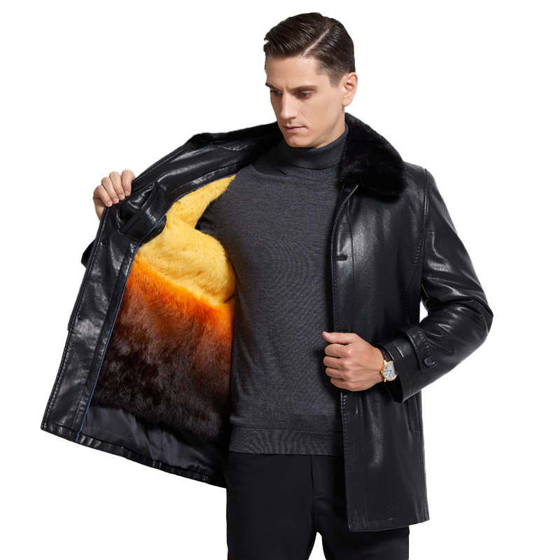 [送礼皮草可拆卸内胆]高端皮草春秋外套海宁真皮派克服男装春秋装中老年防寒男中长款狐狸大毛领貂绒内胆中年爸爸装尼克服大衣男高清大图