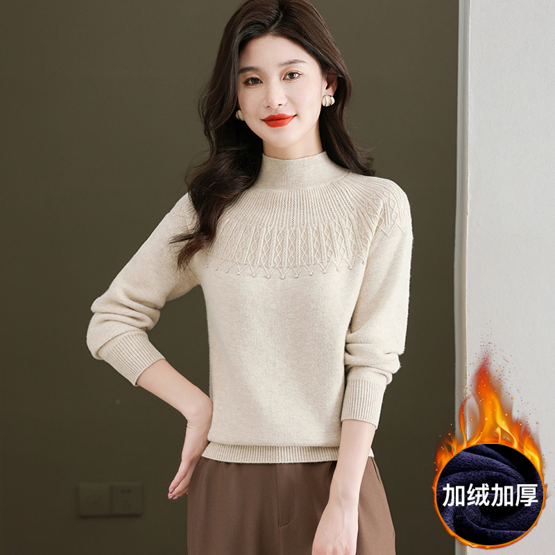 羊绒衫女半高领毛衣短款套头宽松加大码韩版加厚羊毛打底衫毛衣女春秋新款字母加厚一体加绒中年妈妈针织保暖打底衫高清大图