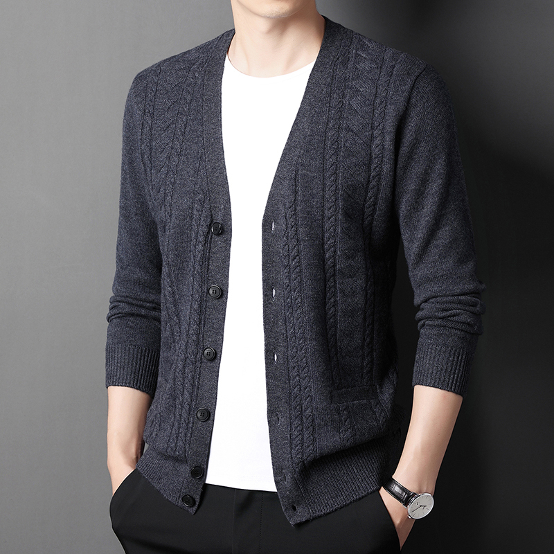 开衫中年男士v领外套系扣毛衣口袋山羊绒不褪色保暖舒适全羊毛新品