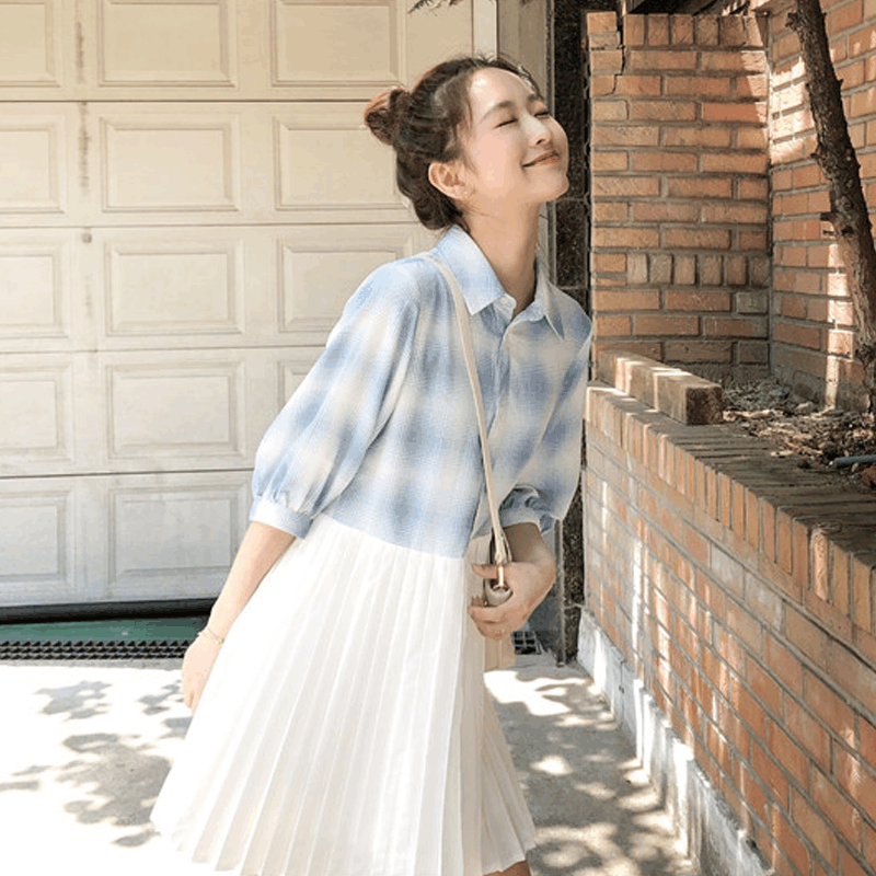 迪鲁奥(DILUAO)YXXM 孕妇装 2021早秋新款韩版孕妇连衣裙时尚款格子拼接百褶孕妇裙 5817 蓝格 M-2X图片