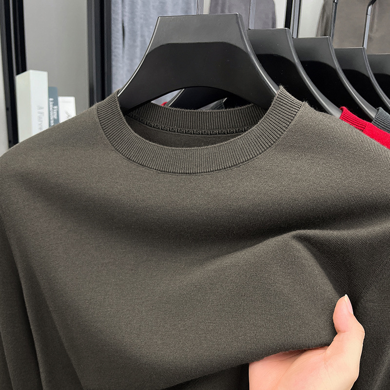含羊毛蚕丝圆领毛衣男2025秋季薄款长袖纯色针织打底男士羊毛衫 云茶 L