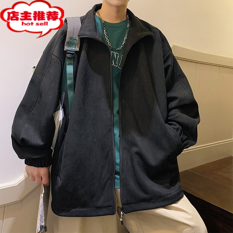 SHANCHAO麂皮绒棒球服外套男款潮牌港风潮流飞行员宽松刺绣夹克上衣服
