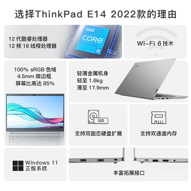 联想ThinkPad E14 2022款 酷睿版 英特尔酷睿i7 14英寸轻薄笔记本电脑(i7-1260P/16G/512G/100%sRGB)银 win11