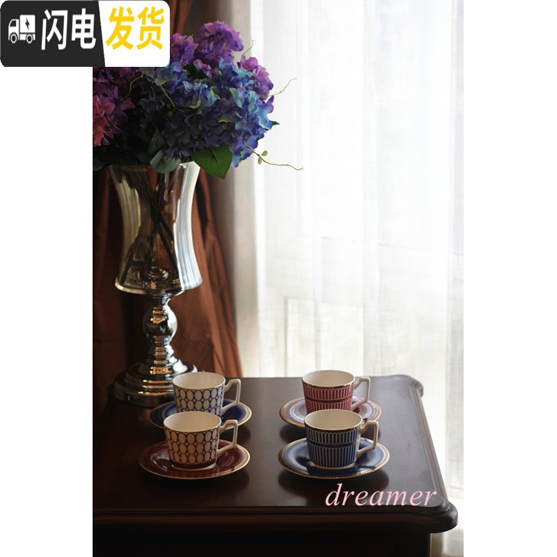 三维工匠美式欧式 咖啡杯 优雅下午茶杯 骨瓷 手工描绘金边 蓝1+咖啡勺咖啡器具