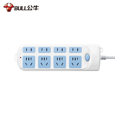 公牛(bull)GN-610全长3米8插位总控开关新国标带儿童保护门大孔间距插座/接线板/排插/拖线板/插排蓝白色