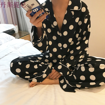 馨帮帮自制 复古波点睡衣裤套装秋季拼色长袖长裤家居服两件套女